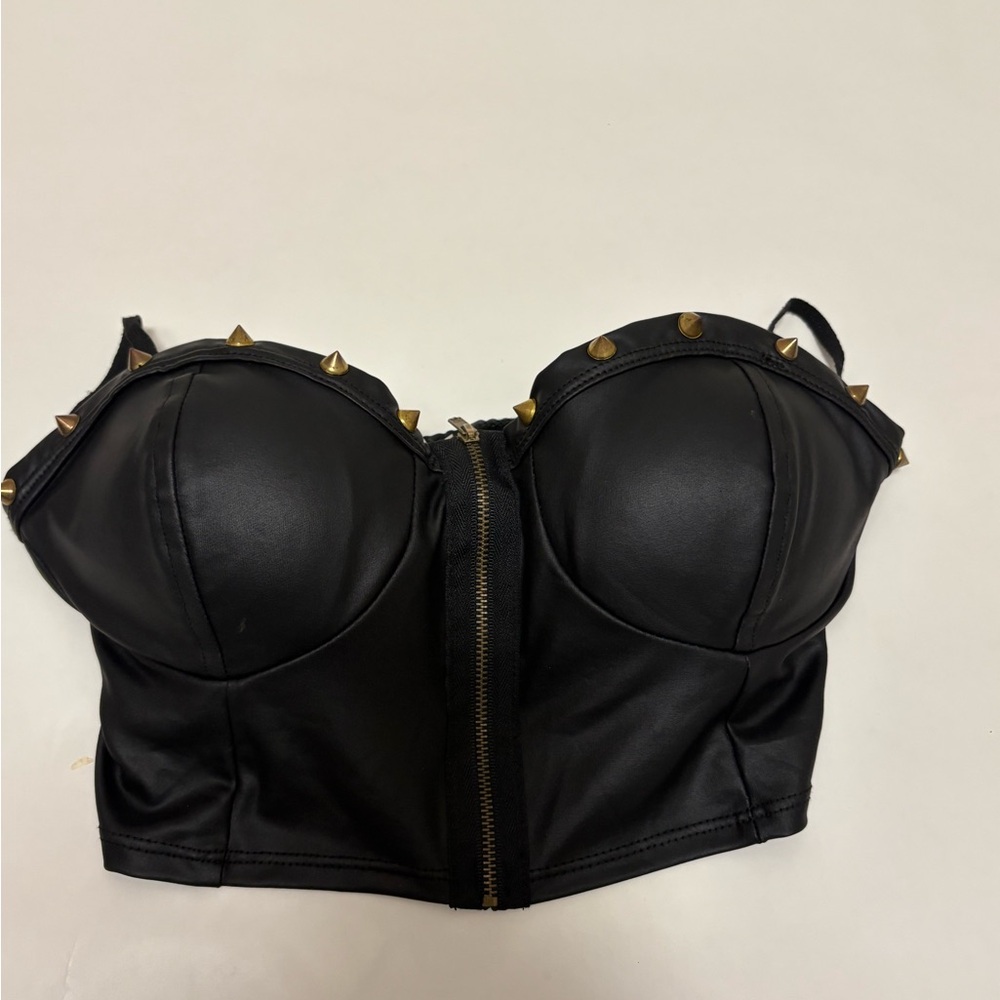 Cemi Ceri Studded Corset Zip Black Bustier Camisole Sleeveless Top Metal Brass